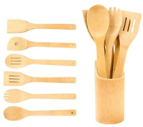 Click Bargain Wooden Cooking Utensils Set – Bamboo Kitchen Utensils with Holder, Spoons & Spatulas for Cooking and Serving