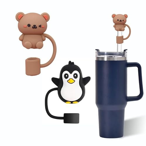 Teddy bears and penguins Straw Cover for Stanley 40&30 Oz Cup, 10mm Silicone Straw Covers Cap for Stanley Cup Accessories, Cute Straw Topper for Tumblers, Straw Cap Stopper for Reusable Straws