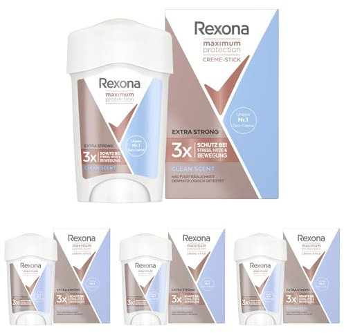 Rexona Maximum Protection Deo Creme Clean Scent Anti Transpirant mit 3x Schutz bei Stress, Hitze & Bewegung 96H extremer Schutz 45 ml (Packung mit 4)