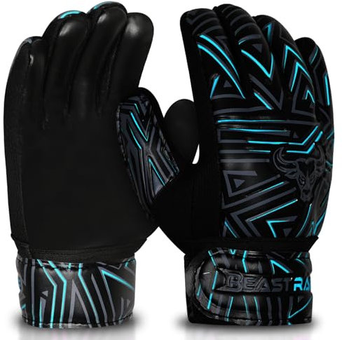 BEAST RAGE Guantes de portero juvenil para niños, niñas, guantes de portero de fútbol, antideslizantes, palma de látex de 4 mm, agarre extra, doble correa de muñeca, malla transpirable (cian, talla 8