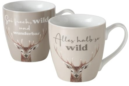 MF Jumbobecher mit Hirschmotiv, 6er-Set, 480 ml, Porzellan Kaffeetasse, Kaffeebecher, Wild Hirsch
