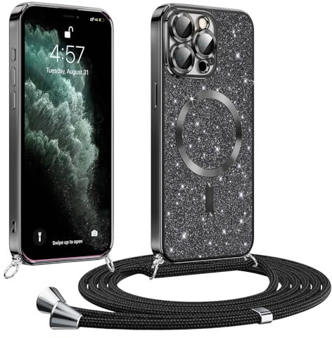 Phoona handyband Hülle für iPhone 11 Pro Max mit Band, Glitzer Handyhülle Kompatibel mit MagSafe, Ganzkörperschutz Kratzfeste Stossfest Schutzhülle mit Einstellbar Kette, Schwarz