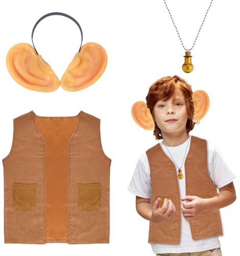 3pcs Kids BFG Costume Set, The BFG Costume Kit Accessories Fancy Dress with Brown Waistcoat, Big Ear, Necklace for Childrens Age 3-8yrs World Book Day, Halloween, Carnival