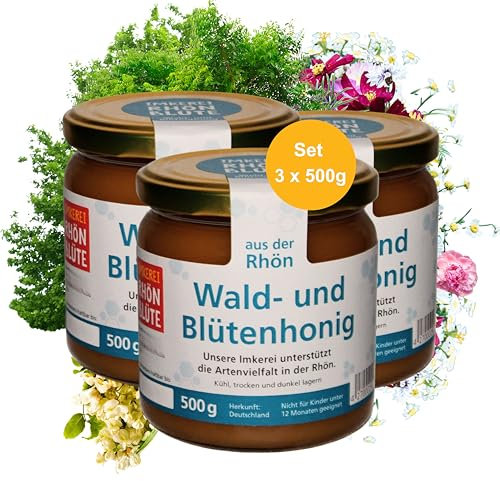 Hochwertiger Wald-& Blütenhonig – Set aus 3 x 500g Glas | roher Honig naturürlich direkt vom Imker | Naturbelassen und Nachhaltig aus dem Biosphärenreservat Rhön