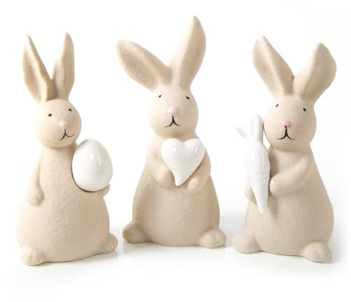 Logbuch-Verlag 3 Osterhasen Porzellan Figuren Creme weiß mit Herz Karotte & Osterei Osterdekoration stehend 13,5 cm