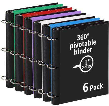 Tashkummy 360° schwenkbarer 3-Ringordner, verbesserte faltbare Ordner, 2,5 cm, 6 Stück, dünn, klein, 3-Ringbuch, passend für 21,6 x 27,9 cm, für Zuhause, Schule und Büro, Ordner, 6 verschiedene Farben