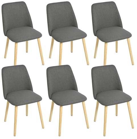 Goeurvant Esszimmerstühle 6er Set mit Holzbein, Moderner Küchenstuhl mit Filzgleiter, Polsterstuhl aus Leinen für Esszimmer Wohnzimmer, Dunkelgrau