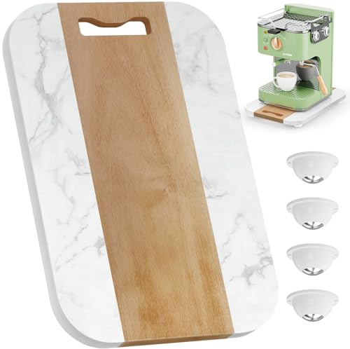 NiHome Appliance Sliding Tray for Coffee Maker, Blender, Air Fryer, Toaster – 36 x 24 cm Acacia Wood & Marble, Silent Rollers, Scratch-Free Countertop Caddy (White)
