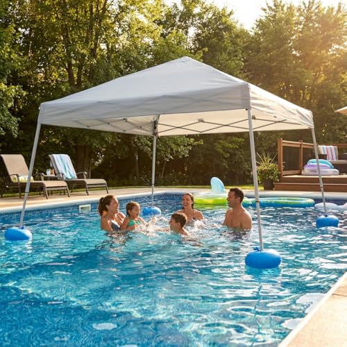 SUNJOY 3 x 3 m Pop Up Pool Pavillon mit UPF 50+ Sonnendach, Stahlrahmen, höhenverstellbar, schwimmender Outdoor Pavillon mit PVC Schwimmkörpern, Handpumpe und Tragetasche