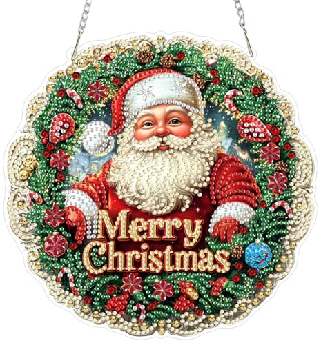 QENSPE Diamond Painting Hanging Adorno, Feliz Navidad Pintura Diamantes Ventana Colgante para Adultos, Guirnalda Forma Especiale Gem Art Artesanía Puerta y Jardín Decoración Regalo, Doble Cara