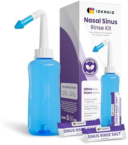 Kit per lavaggio nasale – Flacone da 300 ml + 20 bustine di soluzione salina, lavaggio dei seni nasali – Neti Pot per il sollievo dei seni nasali e l'igiene nasale