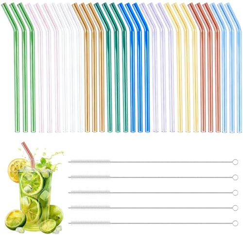 Akamino 30 Pcs Glass Straws, Reusable 20cm Coloured Curved Drinking Straw with 5 Cleaning Brushes, Shatter Resistant Straws for Milk Coffee Milkshake Cocktail-8mm Diameter
