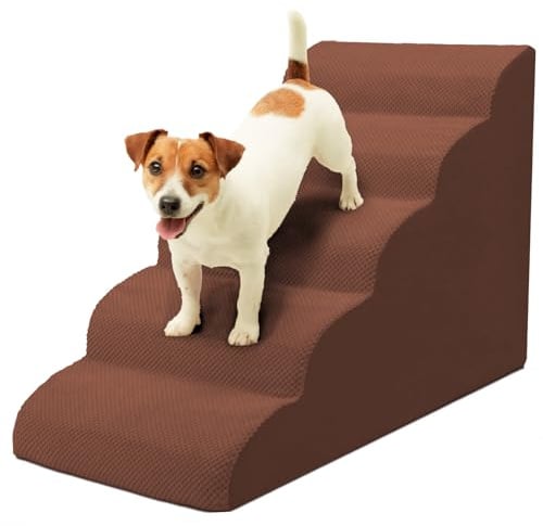 Niubya Hundetreppe für Kleine Großer Hunde, H62 cm, Katzentreppe Hundetreppe Bett und Sofa, ältere und verletzte Haustiere, mit waschbarem Bezug und hochdichtem Schaumstoff (Braun, 5 Stufen)