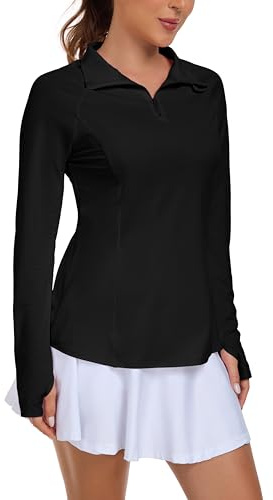 IWOLLENCE Running Top Womens UPF 50+ UV Loose Fit Ladies Golf Sports Tops Workout Gym Clothes Long Sleeve Rash Vest 1/4 Zip Activewear with Thumb Holes and Right Side Pocket