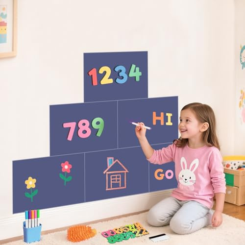 FOTSHARER Magnetisches Kreidetafel-Wandaufkleber-Set mit 6 Magnetbögen zum Abziehen und Aufkleben, mit Kreide-Tangram-Puzzle und mehreren Zubehörteilen in Grau und Blau