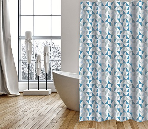 MSV Cotexsa by Premium Anti-Schimmel Textil Duschvorhang - Anti-Bakteriell, waschbar, 100% wasserdicht, mit 12 Duschvorhangringen - Polyester, „Calendo“ Weiß Blau 180x200cm – Made in Spain