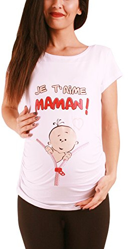 Je T'Aime Maman - Lustige witzige süße Umstandsmode mit Motiv Umstandsshirt für die Schwangerschaft T-Shirt Schwangerschaftsshirt, Kurzarm (Weiß, Large)