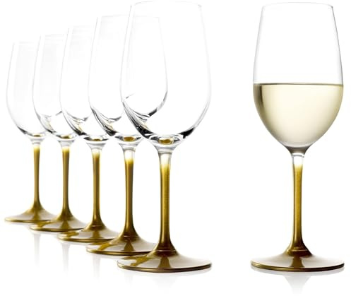 Stölzle Lausitz Weißweingläser Gold Event 6er-Set 360 ml – Weingläser für schwere Weißweine & mittelschwere Rotweine – Edle Weißweinkelche mit goldfarbenem Fuß & Stiel – Spülmaschinenfest
