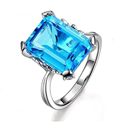 Uloveido Charm Weißes Gold Überzogener Smaragd Cut Blue Zirkonia CZ Birthstone Ringe Labor Erstellt Aquamarin Kristall Aussage Ringe mit Schöne Blatt für Frauen Mädchen Größe 59 (18.8) RJ292