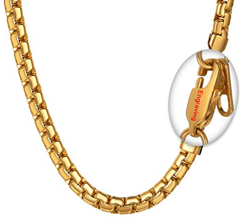 PROSTEEL Mens Chain Necklace, 6MM Box Link Chain Gold Plated Engraving, Hypoallergenic Jewellery 316L Stainless Steel 18 Inches (with Gift Box)
