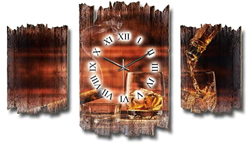 Whisky Shabby chic Landhaus Dreiteilige Designer Wanduhr leise Uhr ohne Ticken 95 x 60 cm aus MDF-Holz DTWH080L (leises Quarzuhrwerk)