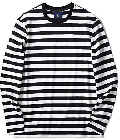 Mens Striped Long Sleeve T Shirt(XS,Black&White Wide)