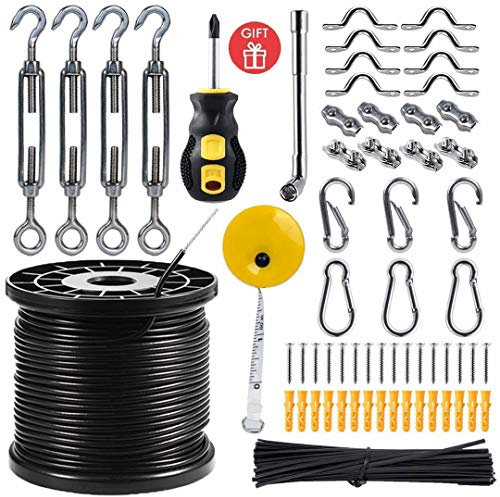 Newleray Kit di luci da appendere, filo guida per luci da esterno, kit hardware per vela ombreggiante, con corda metallica in acciaio inossidabile 304 rivestita in nylon da 164 m