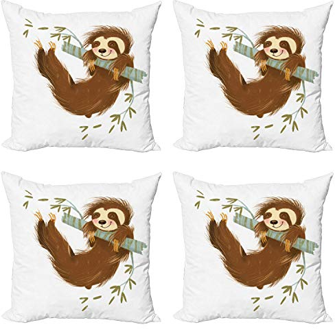 ABAKUHAUS Faultier Dekokissen Kissenbezug 4er Pack, Fröhlich Tier auf Baum, Modern Accent Doppelseitiger Digitaldruck, 40 x 40 cm, Brown Khaki Grau