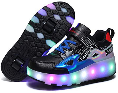 Axcer LED Skateboardschuhe Blinkend Schuhe Mit Rollen Automatisch Einziehbar Komfort Räder Sneaker Outdoor Fitnessschuhe 7 Farbwechsel Rädern Gymnastik Traillaufschuhe für Jungen Mädchen Geschenk