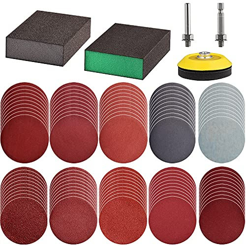 Tshya 100 Stück 7,6 cm Schleifscheiben-Pads mit 2 Stück Schwammblöcken, Set für Bohrschleifer, Drehwerkzeuge mit 0,6 cm Schaft, Schleifpapier inklusive 80–3000 Körnung
