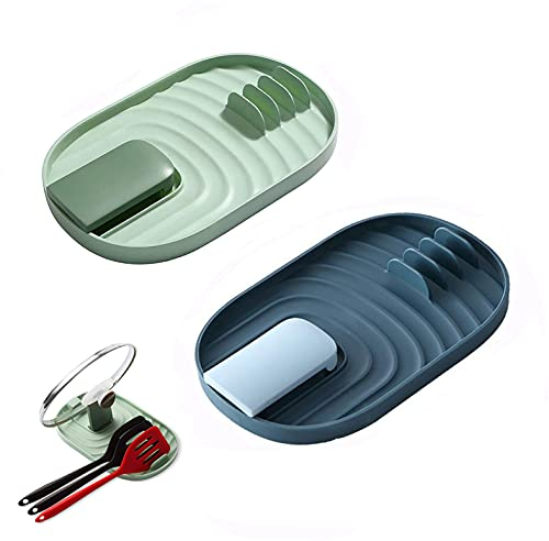 XPOOP Pot Lid and Spoon Holder 2 Pieces Kitchen Utensil Shelf Spoon Tray Tray Cutlery Tray Prevent Drip Spots (Blue and Green)