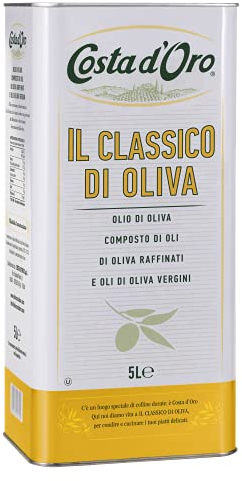Costa d'Oro – Classico di Oliva 5L. Olio di oliva adatto a crudo per pesti e salse tipo maionese e per marinature, soffritti, cotture prolungate e fritture. Latta da 5 litri.