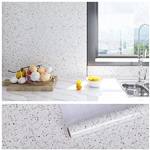 VEELIKE Papel Pintado Aspecto Granito Blanco Papel Adhesivo para Encimera Cocina Lavable Papel Autoadhesivo Pared Baño Papel Tapiz Imitacion Piedra Papel Pared Vinilico Decorativo Salon 40cm x 300cm