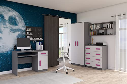 Fabryka Mebli Idźczak 4-teiliges Kinderzimmer-Set Jonas II 02 - Schrank, Wandregal, Kommode, Schreibtisch - Kleiderschrank - Skandinavischer Stil - Modern Design - Weiß/Grün