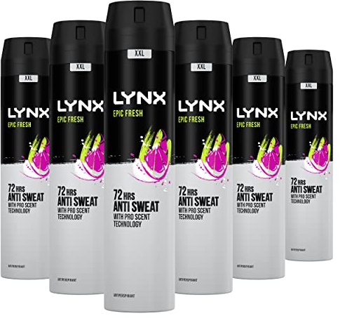 Lynx Epic Fresh Anti-Perspirant Aerosol Men's Deodorant Spray with ProScent technology and a grapefruit & tropical pineapple scent for 72 hours protection against odour and wetness 6x 250 ml