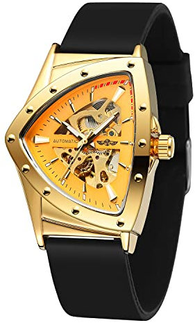 FORSINING Herren-Armbanduhr, wasserdicht, dreieckig, mechanisch, mit Silikonband, Gold und Schwarz, Mechanisch, AH751