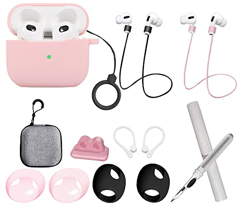 Hülle für Airpods 3. Generation Zubehörset mit Schutzhülle Moderne Aufbewahrungstasche Ohrbügel Nackenhalterung Silikon Schutzkappen Uhr-Kopfhörer-Halterung Reinigungsstift Karabiner (Pink)