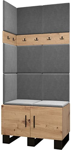 MEBLE KRYSPOL Garderobe Artin Set 11 mit gepolsterten Paneelen Industriell Design (Artisan Eiche + Manila 16 (Grau))