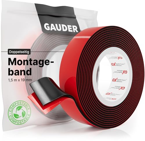 GAUDER Montageband (1,5 m x 19 mm) | Doppelklebeband | Montageklebeband | Spiegelklebeband | Doppelseitiges Klebeband schwarz