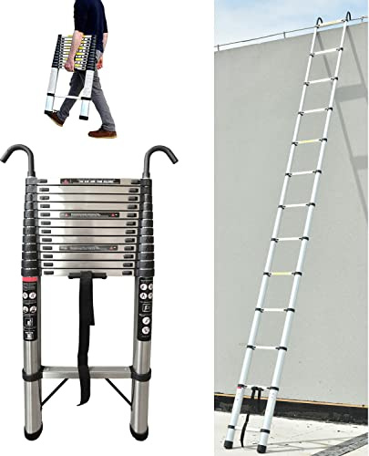 4,4m Teleskopleiter mit mit 2 Haken, 14 Sprossen, Edelstahl Ausziehbar Leiter Tragbare Ausziehleiter Rutschfesten Mehrzweckleiter 150kg Tragkraft, EN131