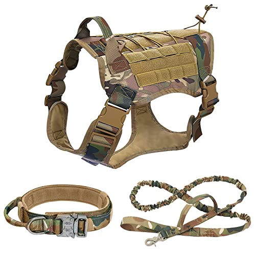 ALLSOPETS Taktisches Hundegeschirr mit Halsband und Leine Verstellbares Hundewestengeschirr für mittelgroße und große Hunde Ideal für Outdoor-Training und Spaziergänge (Tarnfarbe, M)