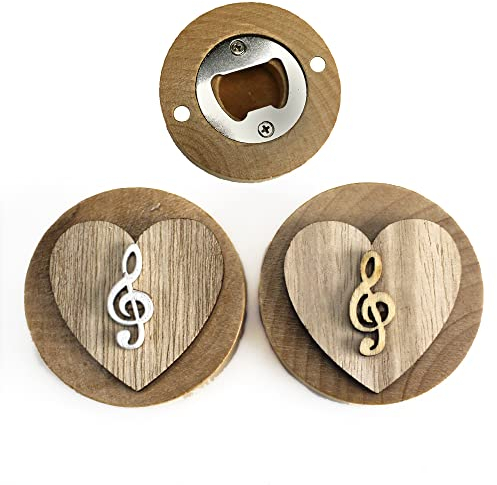 DLM 32800 (Kit 12 Pezzi) Apri Bottiglie Apribottiglie con Calamita Moderno Design Tondo in Legno + Scatolina in bambù Cuore Chiave di Violino sol Musica bomboniera