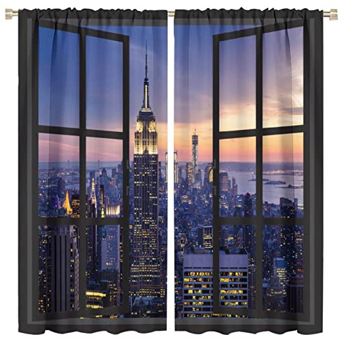 Moderne Stadtvorhänge, New York City Landschaft bei Sonnenuntergang mit Wolkenkratzern, Gebäuden, Fensterbehandlungen, Vorhänge für Wohnzimmer, Schlafzimmer, Küche, Büro, Dekoration,