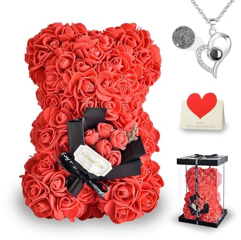 Orsetto Rosa Fiore Regalo Donna, Regali per la Festa Della Mamma, Orso Rosa Regali per Lei, Rose Teddy Bear con Collana, Regali per Ragazza con Confezione Regalo Trasparente e Biglietto d'amore