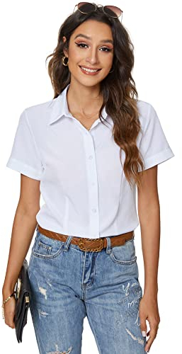 Atnlewhi Damen Bluse Kurzarm Knöpfen Hemden Basic Kent Kragen Arbeit Büro Stretch Slim Fit Formelle Casual Blusen - Weiß - XXXL