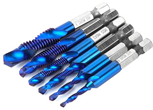 Drill and Tap Set, 6Pcs High Speed Metric Drill Bit Set, 6.35mm Hex Shank Tap Drill Bit Compound Tap Thread Drill Bits Bolts Deburring Tool M3-M10(Blue Coated)