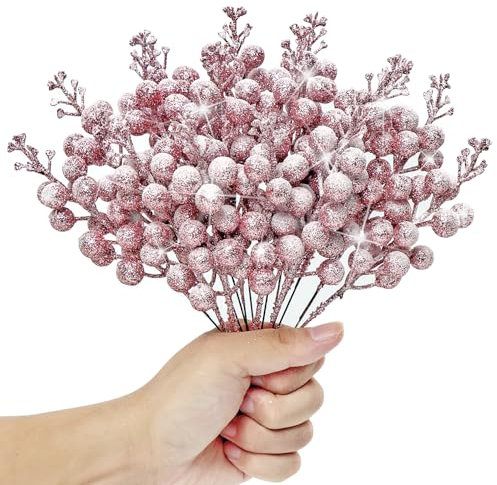 Kunjocy 12 Pcs Snowy Christmas Glitter Berries Stems, Frosted Christmas Berries Decorations Artificial Christmas Berries Picks for Christmas Wreath Garland Xmas Tree Ornament (Pink)