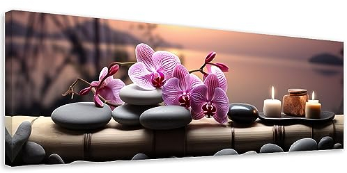 Feeby Bilder Spa Zen Orchidee 150x60 cm 1 tlg Schlafzimmer Modern Vlies Leinwandbilder Bild auf Leinwand Kunstdruck Wand Wanddeko Design Wohnzimmer Büro Flur Hotel Spa Kerzen Wasser Steine Violett