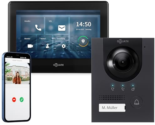 GOLIATH Full-HD Video Türsprechanlage, Aufputz Türstation in Anthrazit, 1 Familienhaus Set, Touchscreen Monitor schwarz, 2 Draht Bus Gegensprechanlage, 2 Megapixel Kamera, 180° Weitwinkel, AV-BUS-107