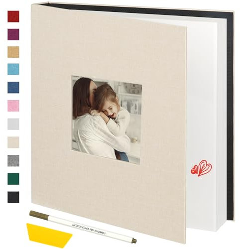 Miaikoe Photo Album Self Adhesive Scrapbook Album for 4x6 5x7 8x10 Pictures,40 Pages Linen Cover Album with Display Window DIY Book with A Metallic Pen and Scraper (Beige)